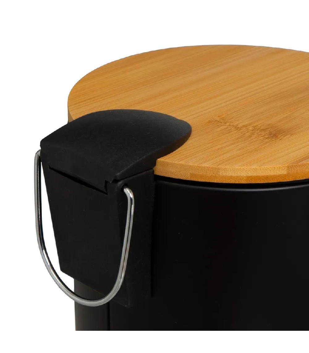 Wadiga Poubelle De Salle De Bain En Métal Noir Et Bambou 3L