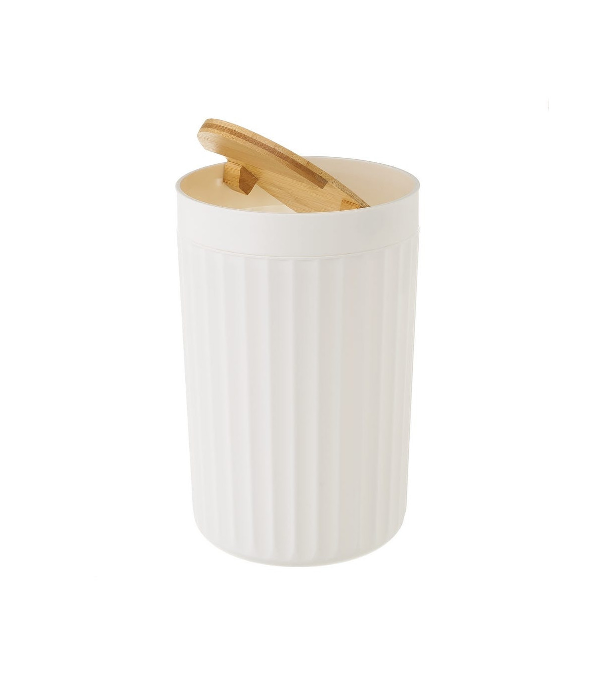 Wadiga Poubelle De Salle De Bain En Plastique Blanc Et Bambou - 5L