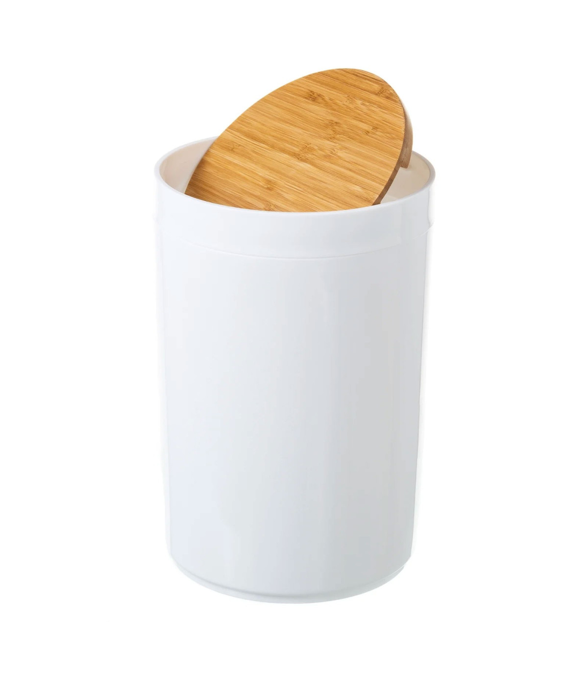 Wadiga Poubelle De Salle De Bain En Plastique Blanc Et Bambou - 5L