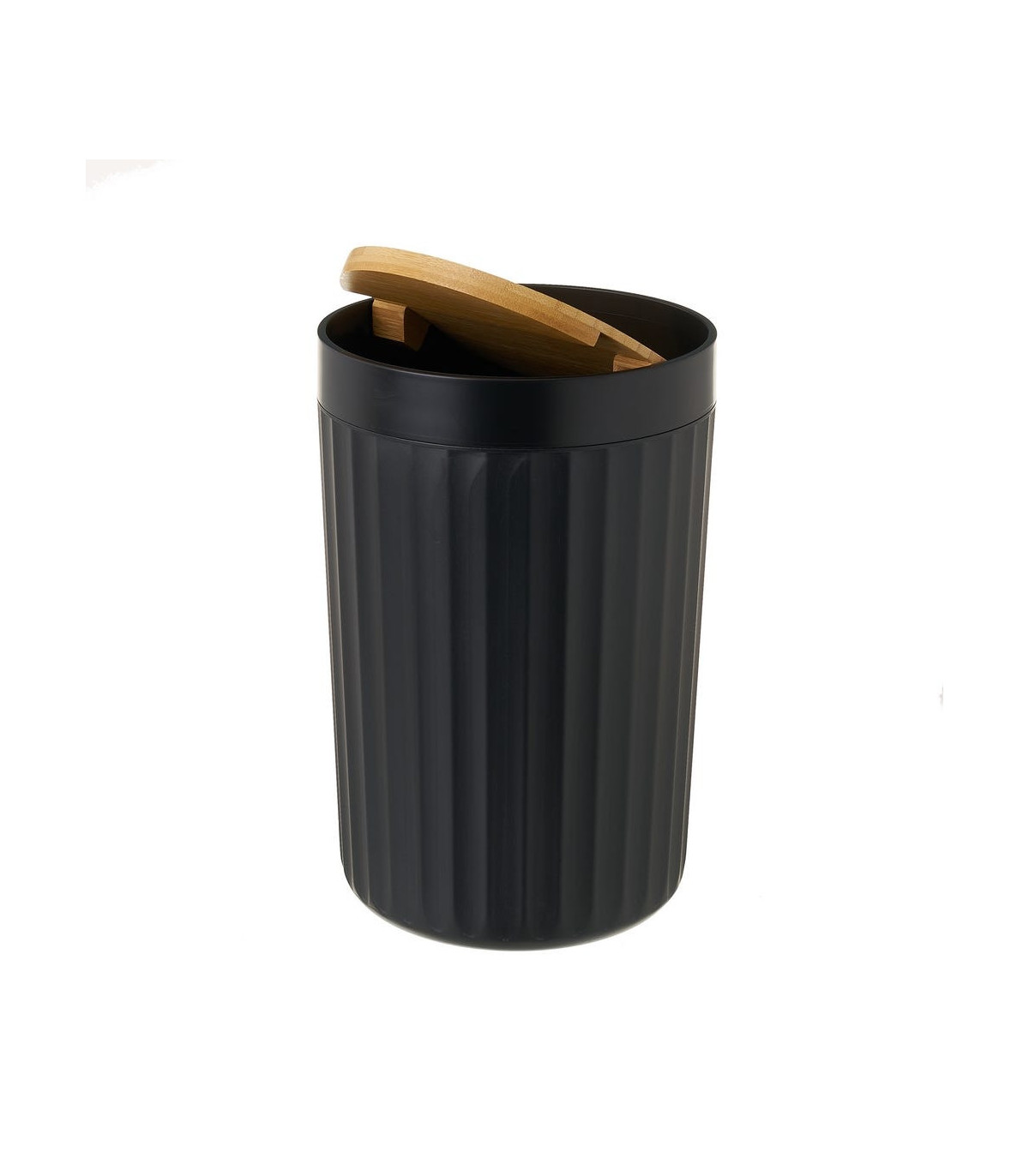 Wadiga Poubelle De Salle De Bain En Plastique Noir Et Bambou - 5L