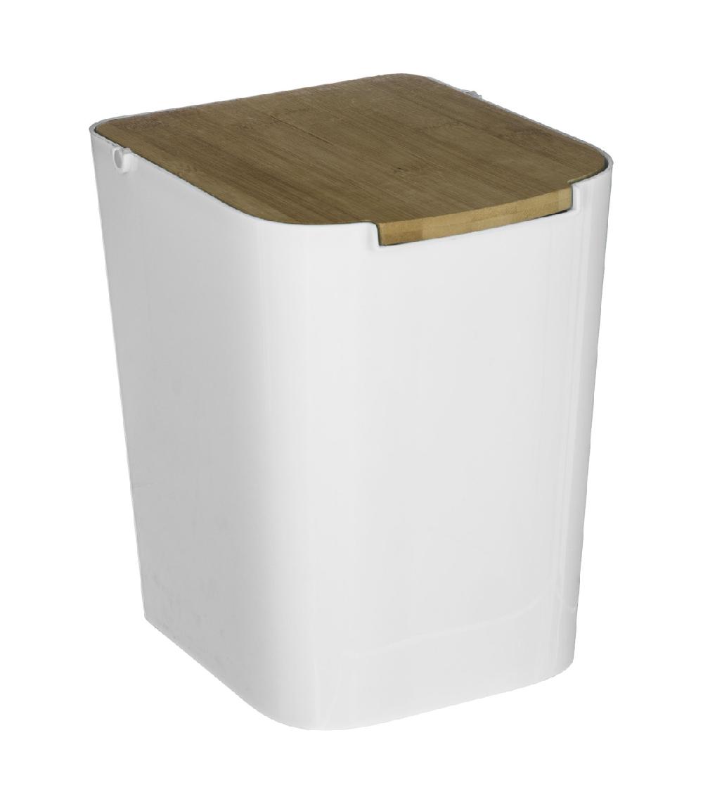 wadiga Poubelle salle de bain blanche couvercle bambou - 5L