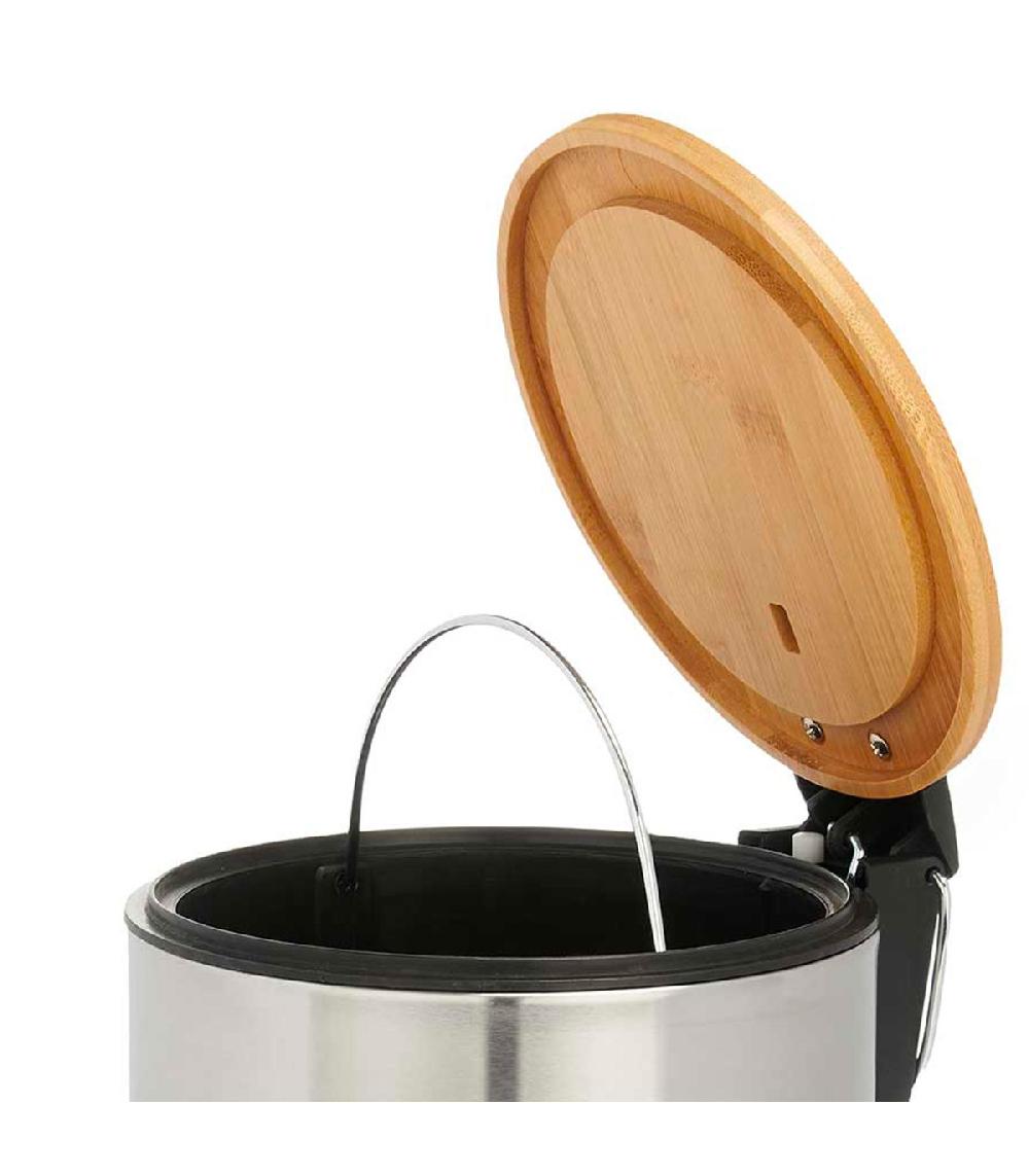 Wadiga Poubelle Salle De Bain En Métal Chromé Et Bambou 3L