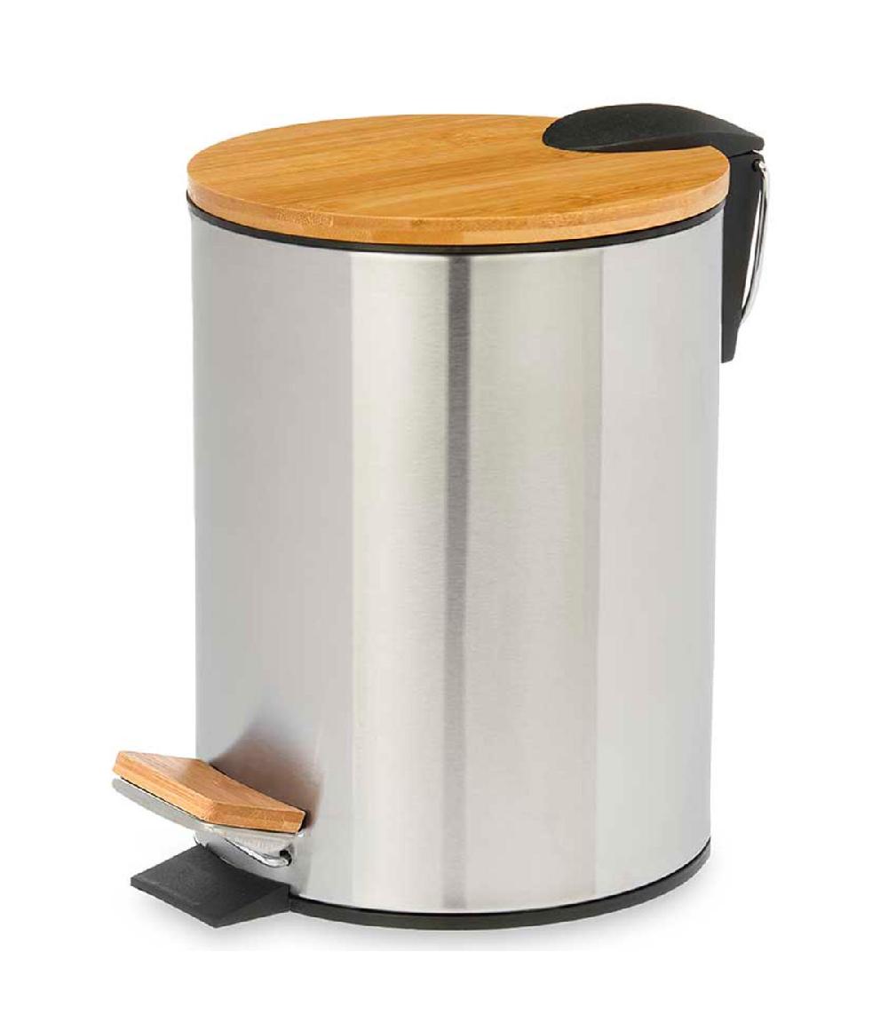 wadiga Poubelle salle de bain en métal chromé et bambou 3L
