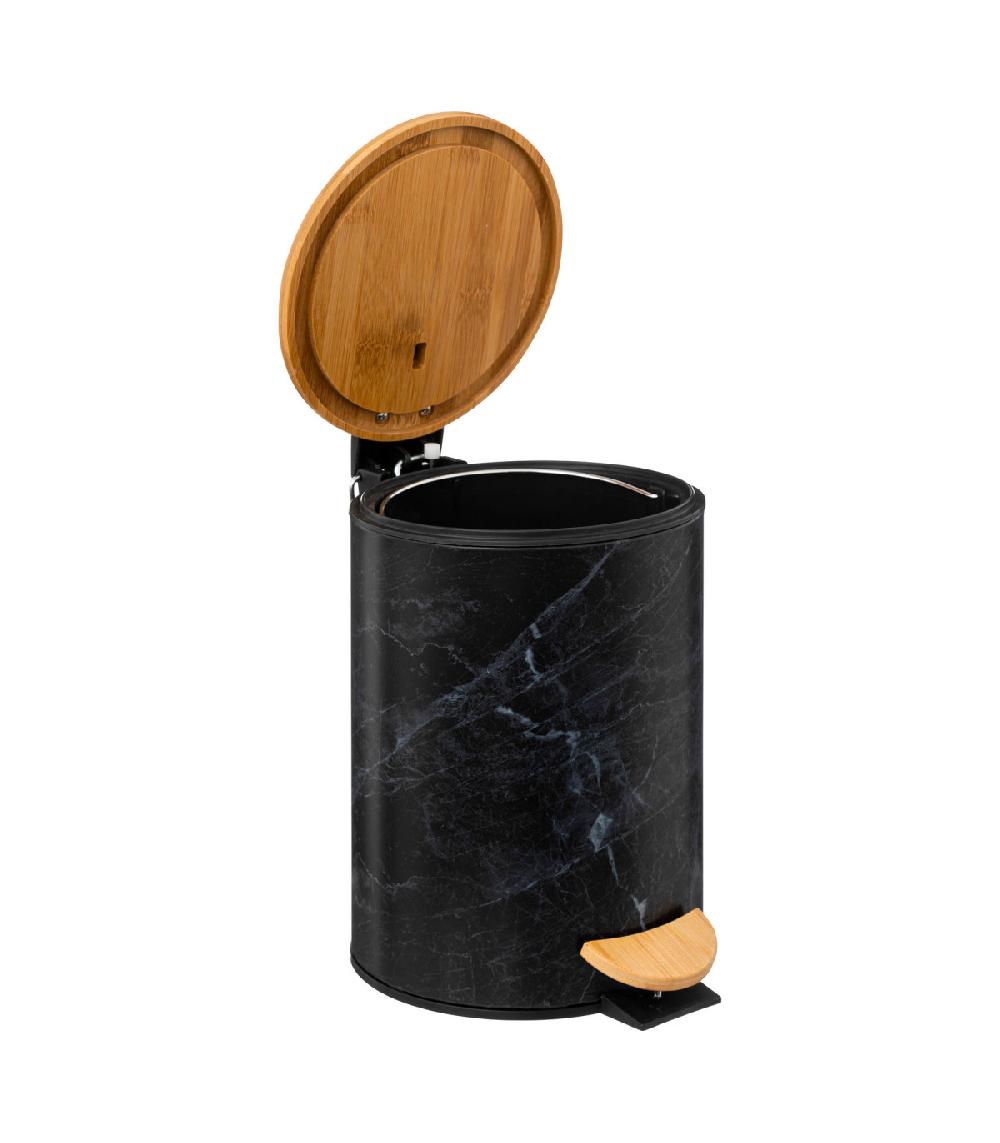 Wadiga Poubelle Salle De Bain En Métal Effet Marbre Noir Et Bois 3L