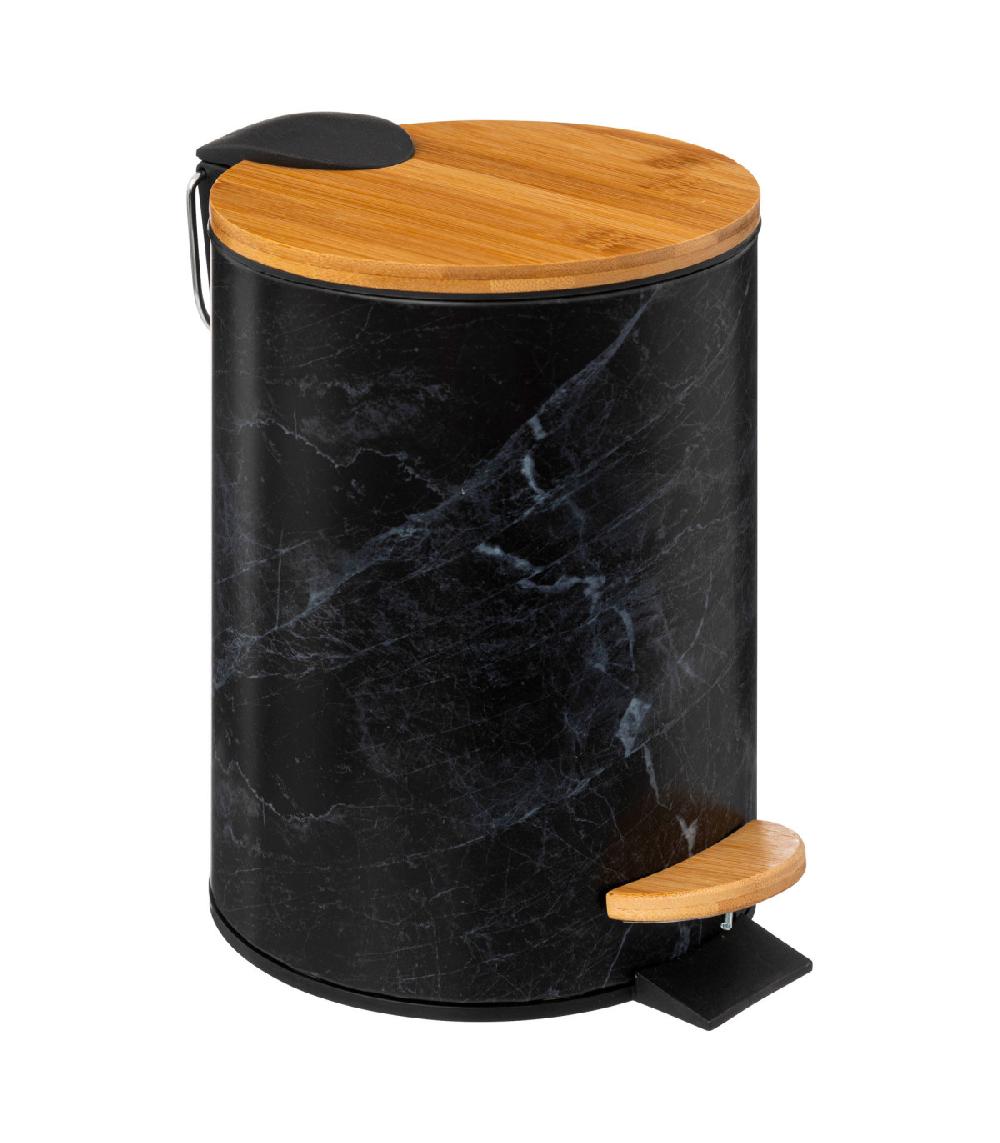 wadiga Poubelle salle de bain en métal effet marbre noir et bois 3L