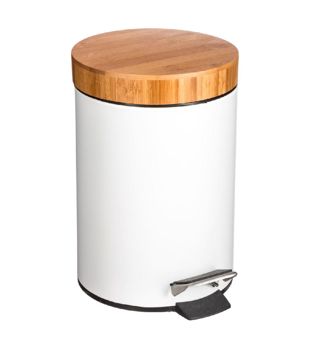 wadiga Poubelle salle de bain métal blanc couvercle bambou - 3L