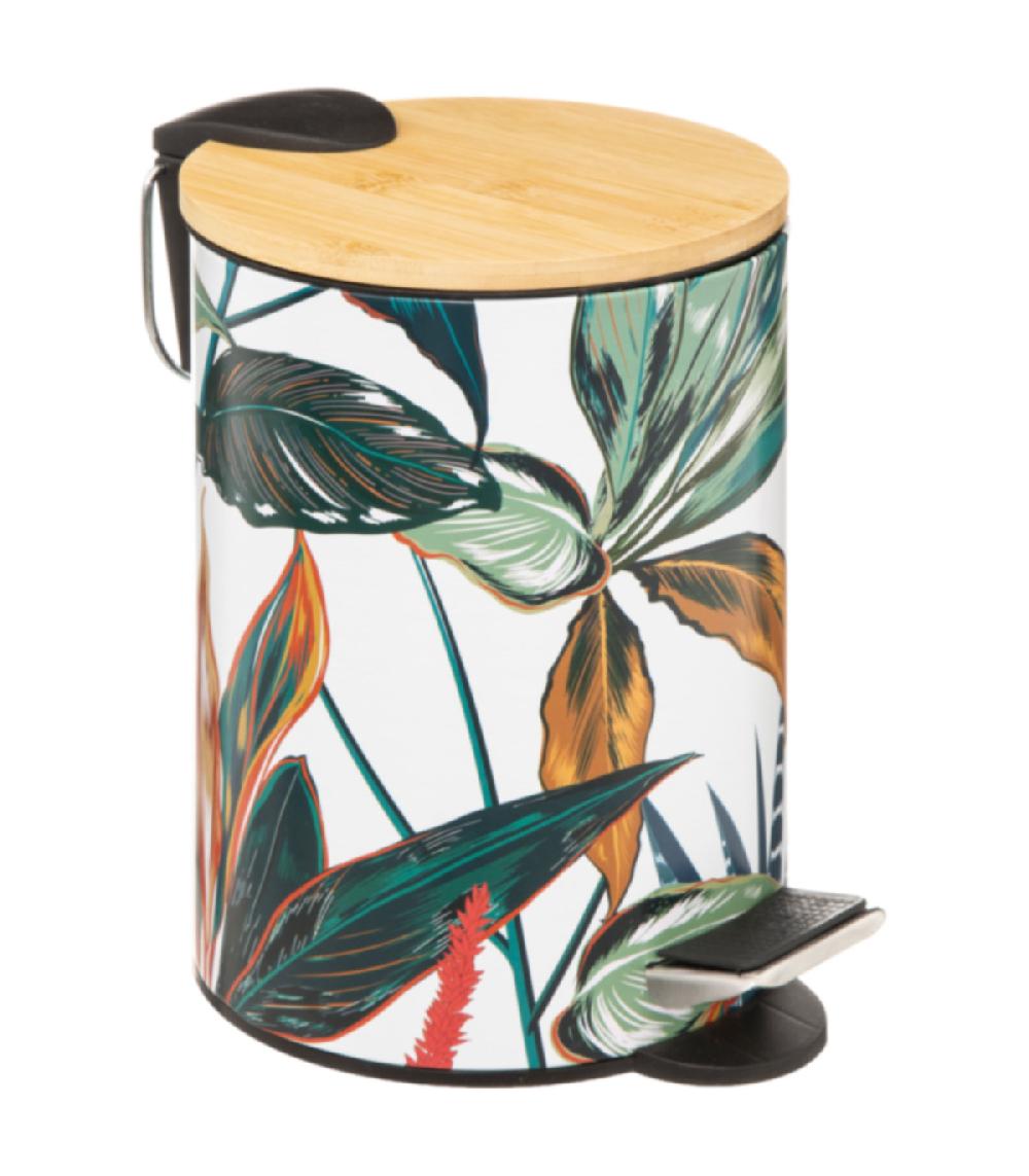wadiga Poubelle salle de bain métal couvercle bambou feuillage exotique - 3L