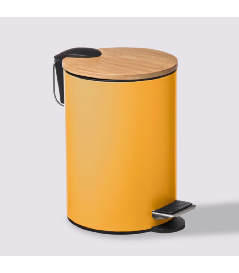 Wadiga Poubelle Salle De Bain Métal Jaune Couvercle Bambou - 3L