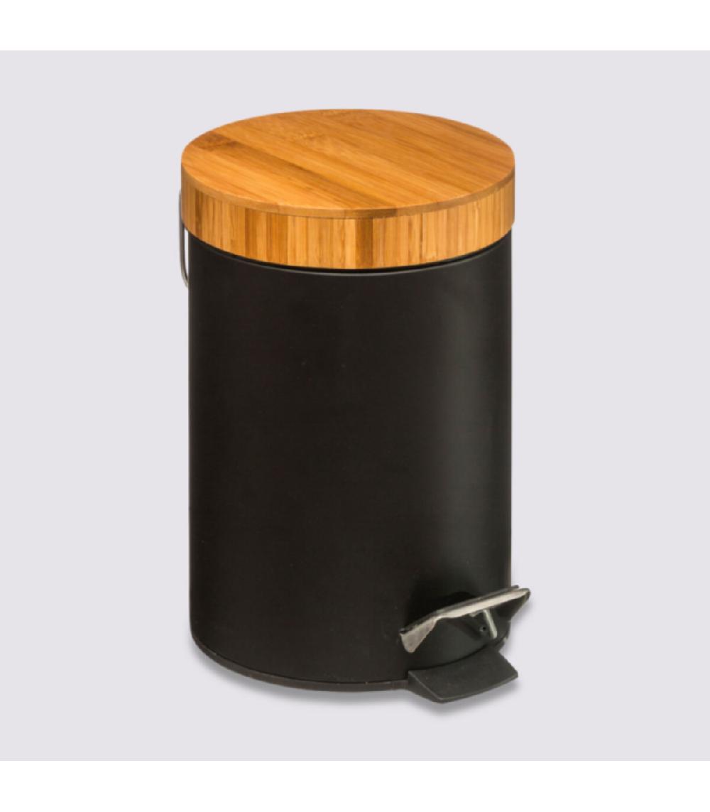Wadiga Poubelle Salle De Bain Métal Noir Couvercle Bambou - 3L