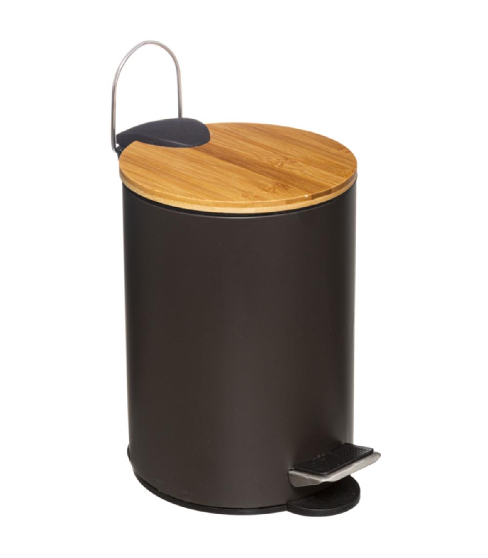 wadiga Poubelle salle de bain métal noir couvercle bambou - 3L