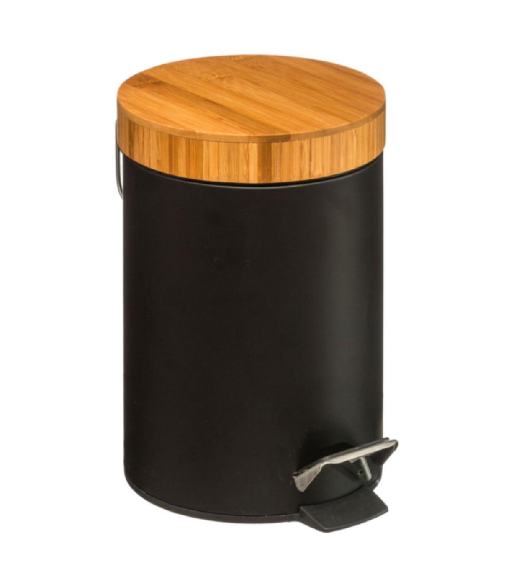 wadiga Poubelle salle de bain métal noir couvercle bambou - 3L