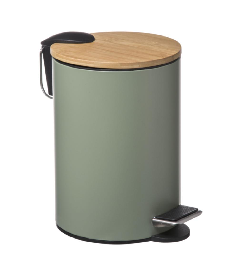 wadiga Poubelle salle de bain métal vert kaki couvercle bambou - 3L