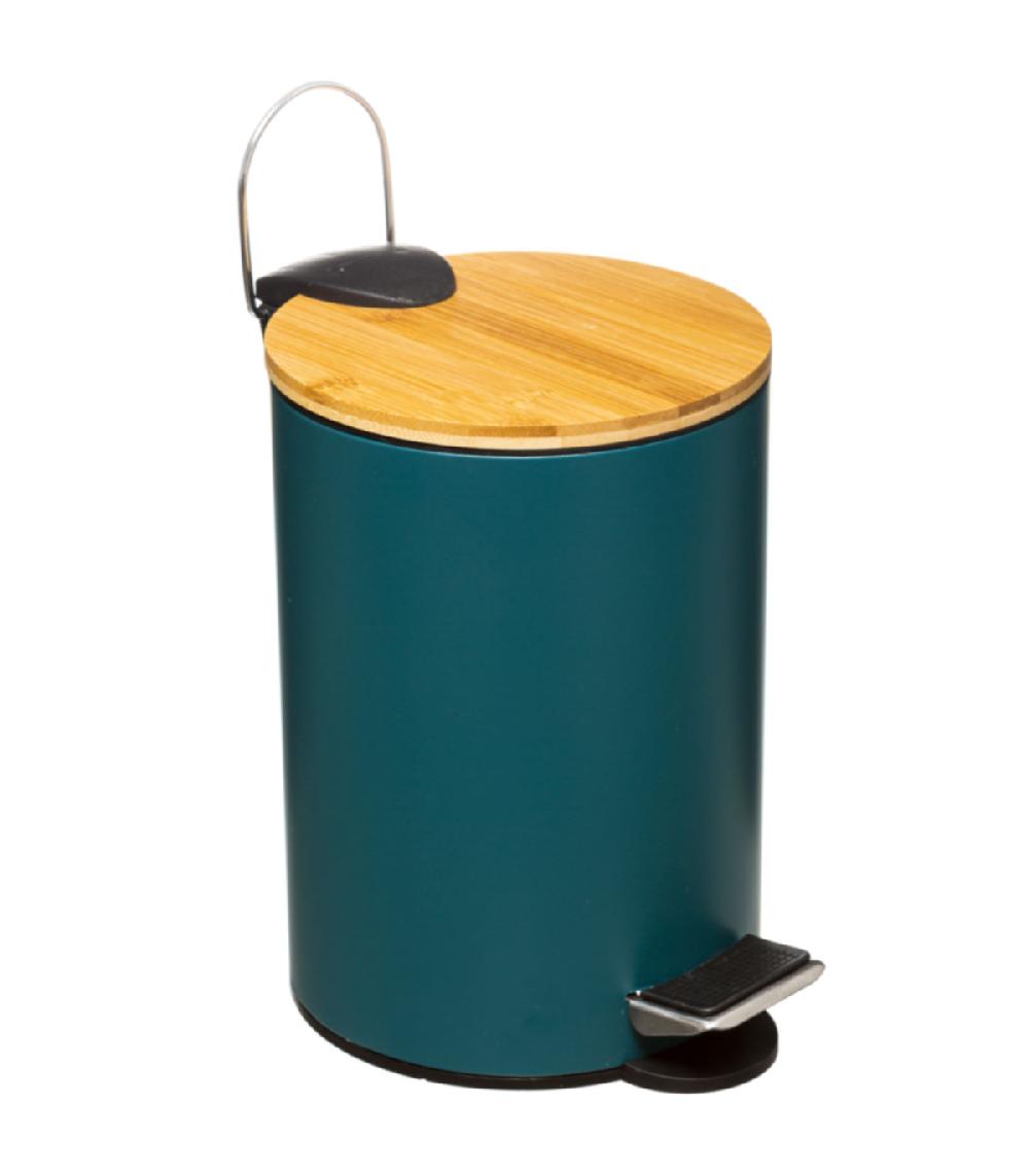 wadiga Poubelle salle de bain métal vert pétrole couvercle bambou - 3L
