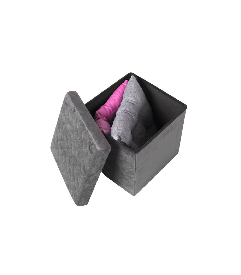 Wadiga Pouf Coffre De Rangement Velours Gris - 37.5x37.5x37.5cm