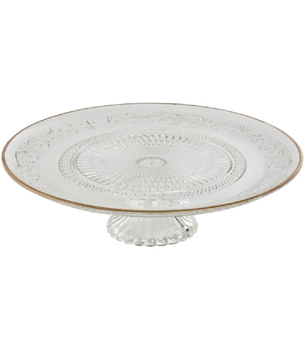 wadiga Présentoir à gâteau ou tarte sur pied en verre et liseré doré 33x33x9.5cm