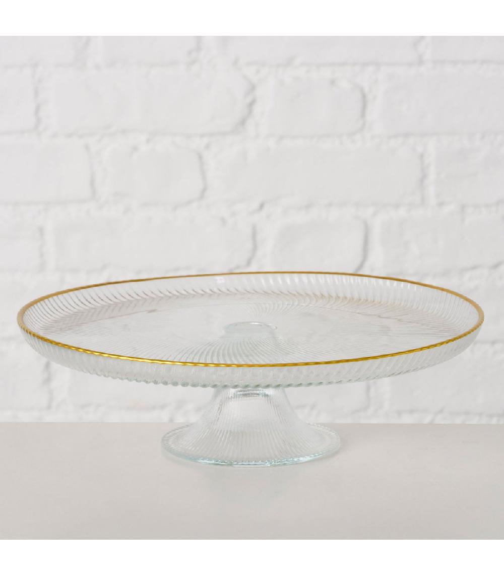 Wadiga Présentoir à Gâteau Sur Pied Rond En Verre Et Liseré Doré 21.5x21.5x6cm
