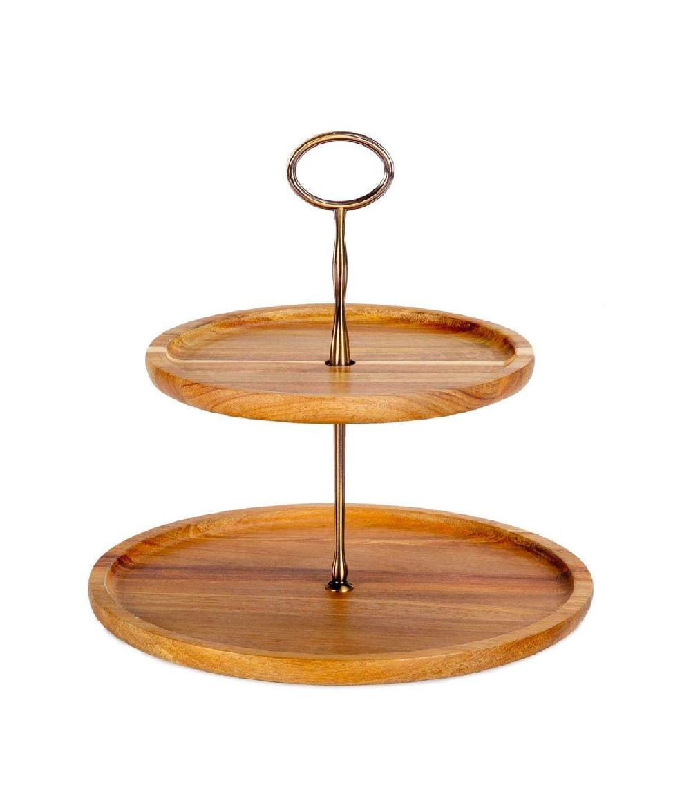 wadiga Présentoir rond 2 étages en acacia - 26.5x26.5x26cm