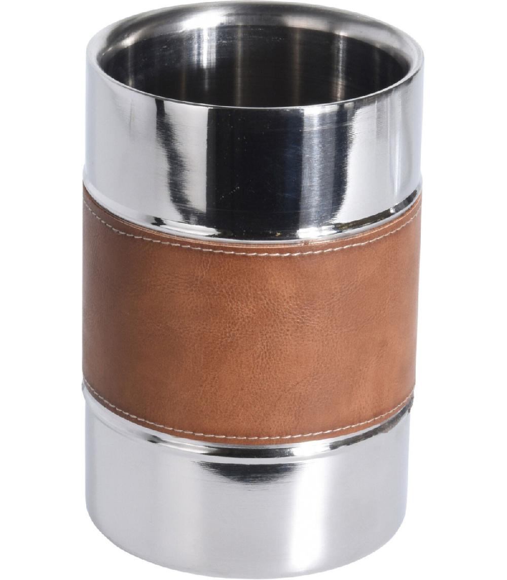 wadiga Rafraichisseur de Bouteille Double Paroi en Métal Chromé et Similicuir Marron
