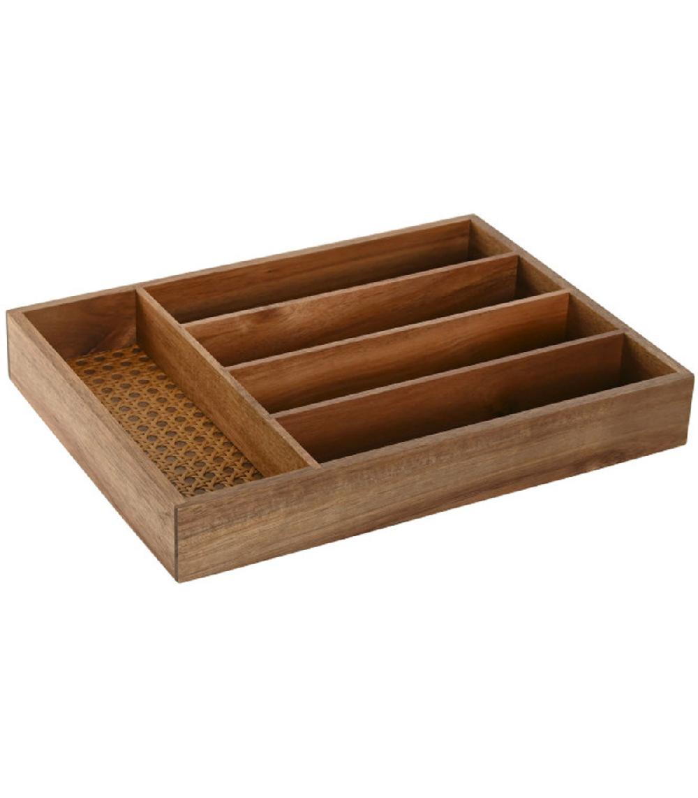 Wadiga Range-couverts Bois D'acacia Et Rotin 5 Compartiments 34.5x25.5x5cm