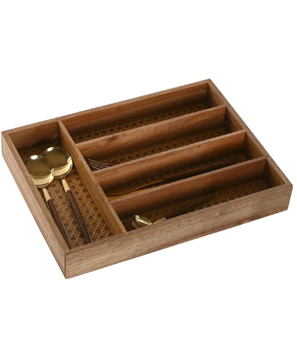 Wadiga Range-couverts Bois D'acacia Et Rotin 5 Compartiments 34.5x25.5x5cm