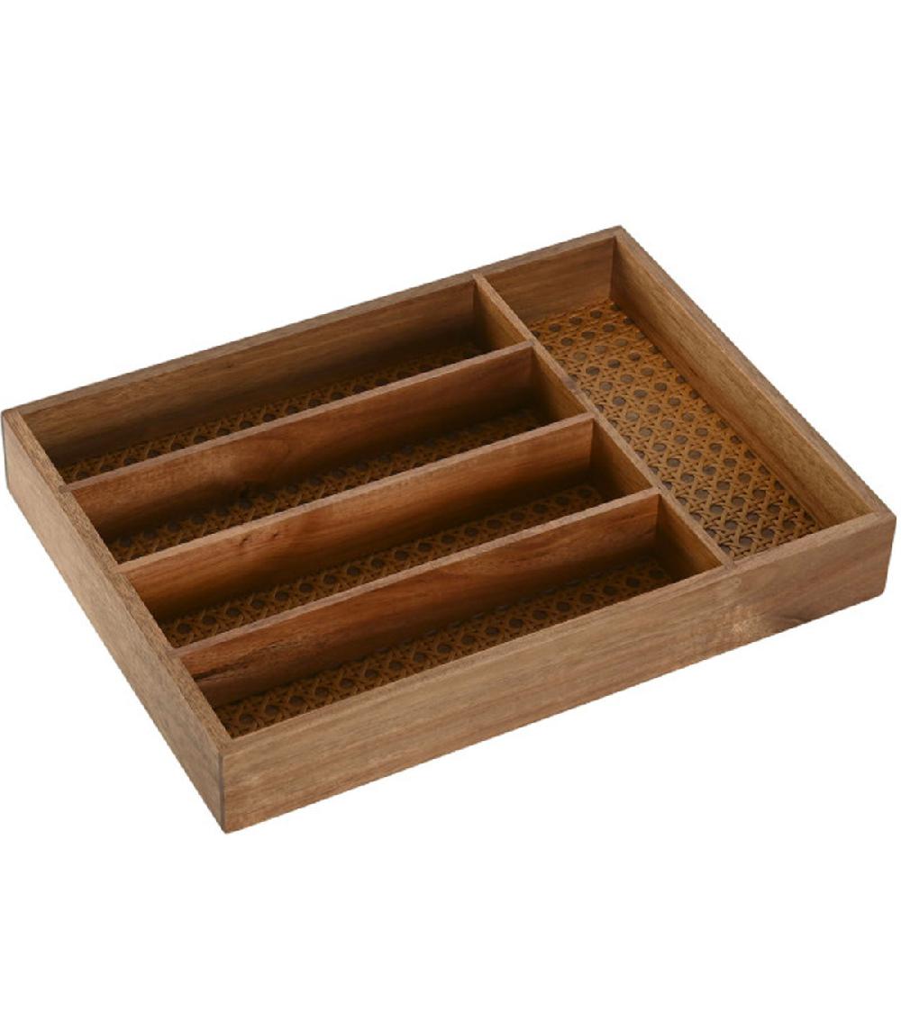 wadiga Range-couverts bois d'acacia et rotin 5 compartiments 34.5x25.5x5cm