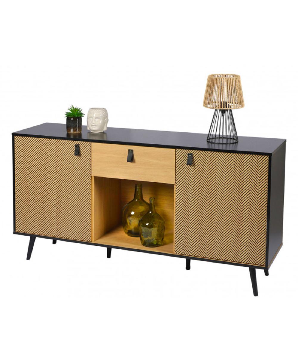 Wadiga RECONDITIONNÉ - Buffet Bois Et Noir Avec Motifs Chelsea - 150x40x78cm