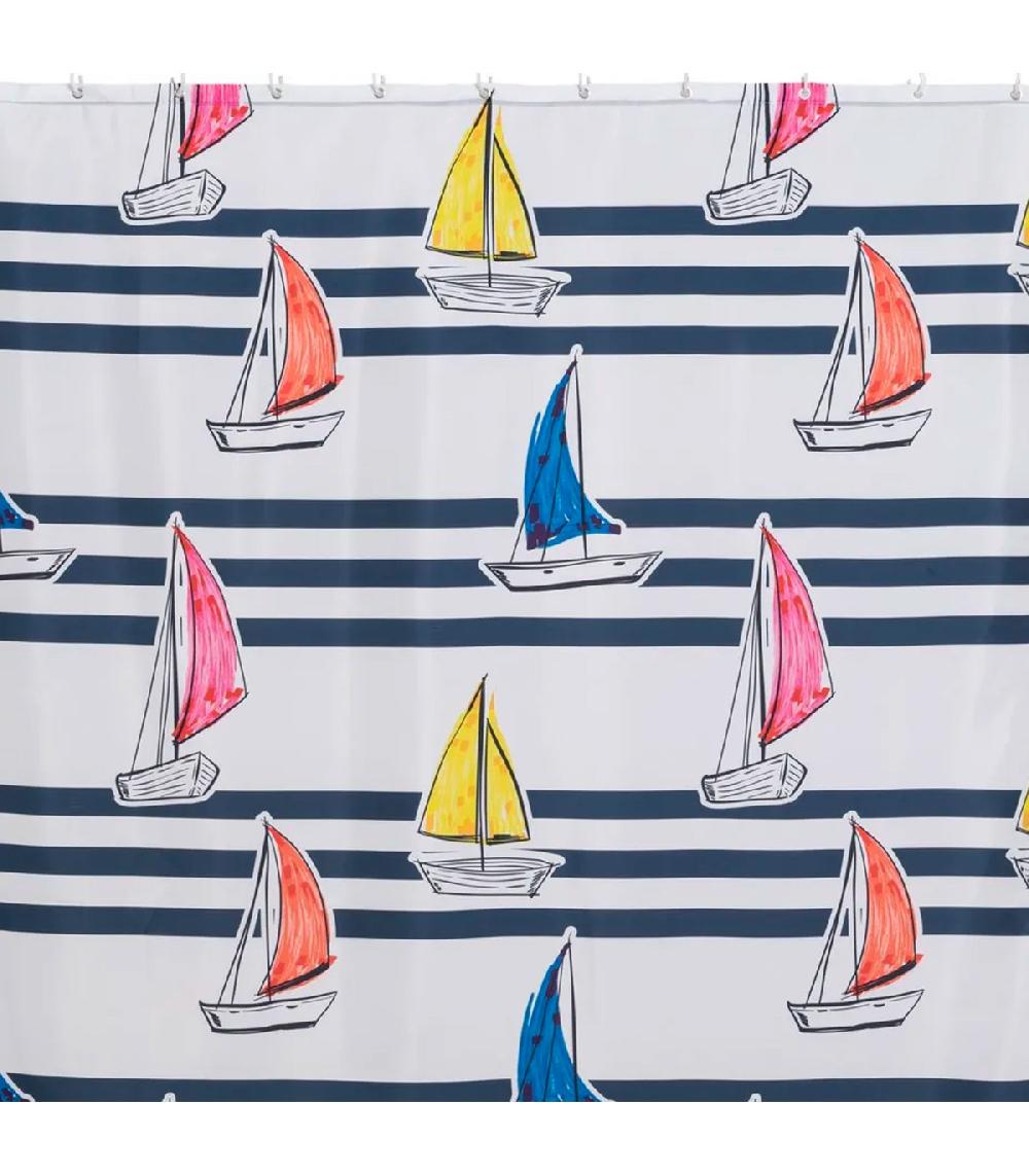 Wadiga Rideau De Douche Bleu Et Blanc Bateaux 180x200cm