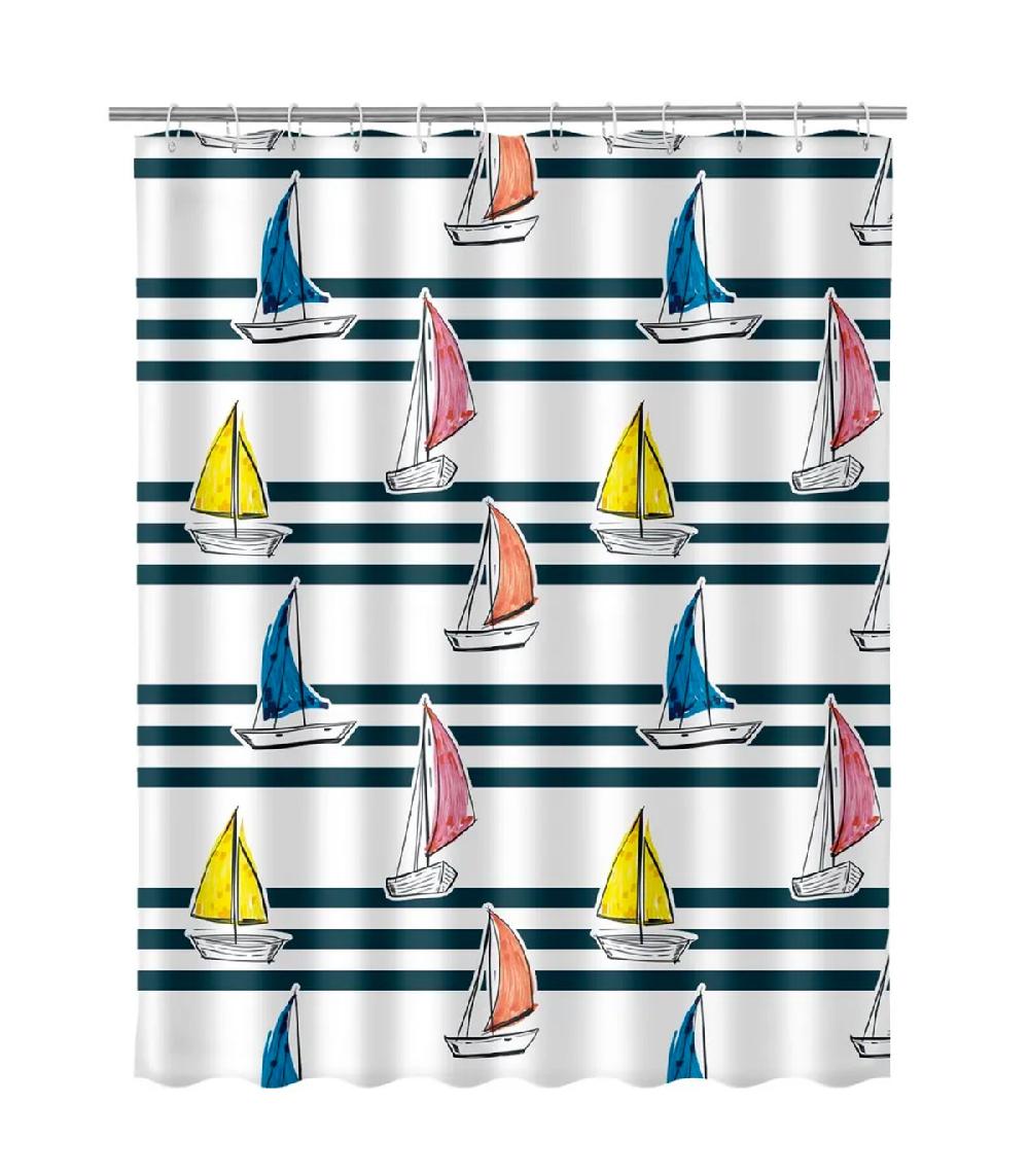 wadiga Rideau de douche bleu et blanc bateaux 180x200cm