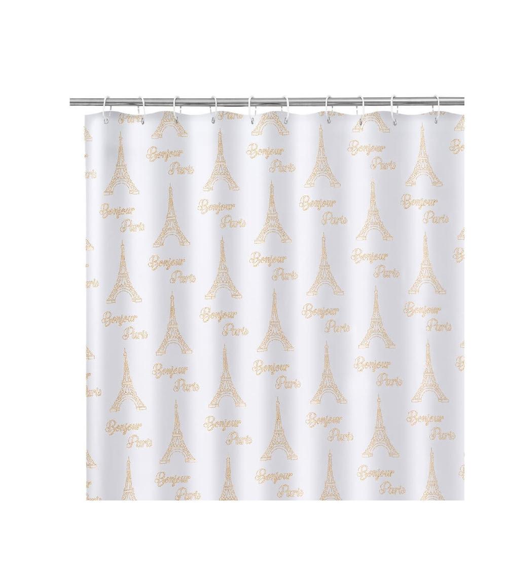 wadiga Rideau de Douche Tissu Blanc et Doré Bonjour Paris