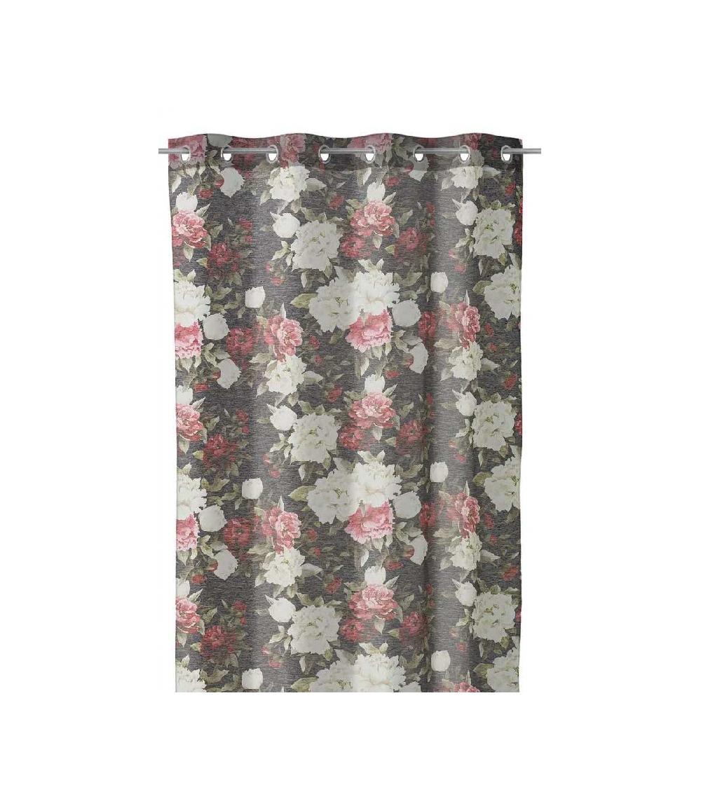 wadiga Rideau Voilage à Œillets Fleurs Gris/Blanc/Rose - Longueur 260cm