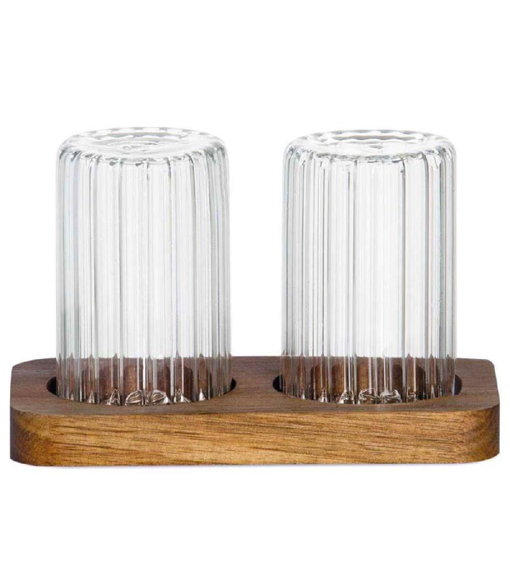 Wadiga Salière Et Poivrière En Verre Et Plateau Bois Acacia 14x7.5x9cm