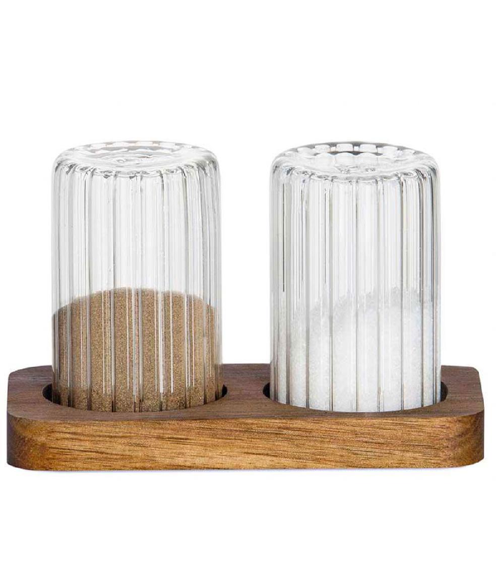 wadiga Salière et poivrière en verre et plateau bois acacia 14x7.5x9cm