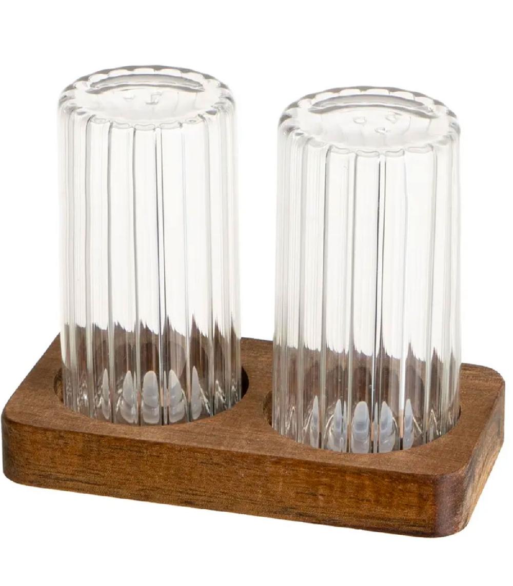 Wadiga Salière Et Poivrière En Verre Strié Et Plateau Bois 11x6x8.5cm
