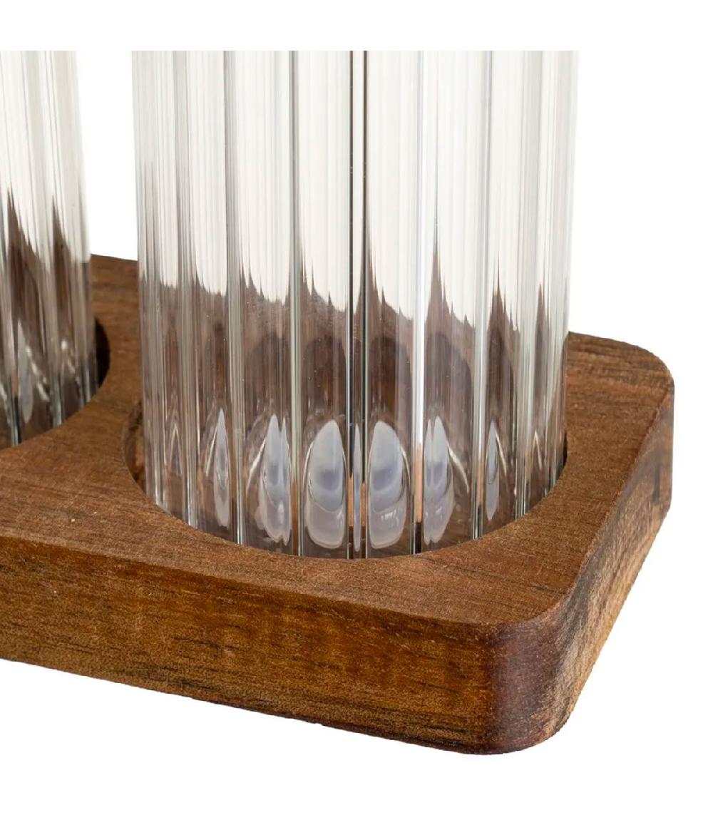 Wadiga Salière Et Poivrière En Verre Strié Et Plateau Bois 11x6x8.5cm