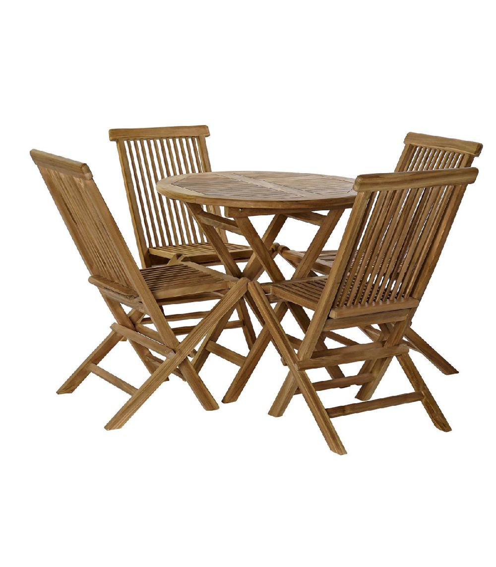 wadiga Salon de Jardin 1 Table Ronde + 4 Chaises Teck Pliables