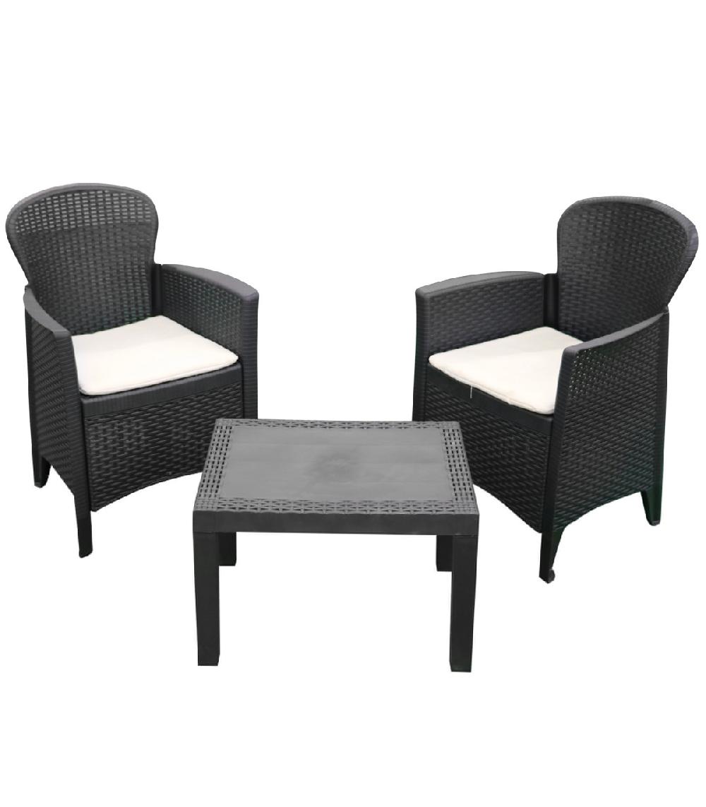 wadiga Salon de jardin 2 fauteuils avec coussins et 1 table basse