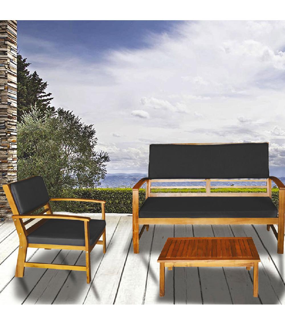 Wadiga Salon De Jardin Acacia Et Coussins Gris 1 Canapé 2 Fauteuils Et 1 Table