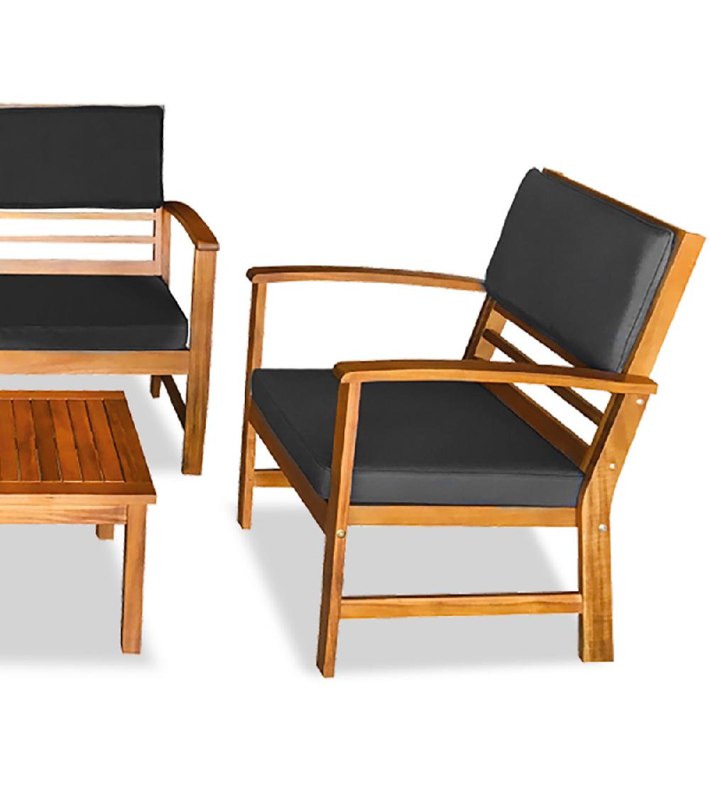 Wadiga Salon De Jardin Acacia Et Coussins Gris 1 Canapé 2 Fauteuils Et 1 Table