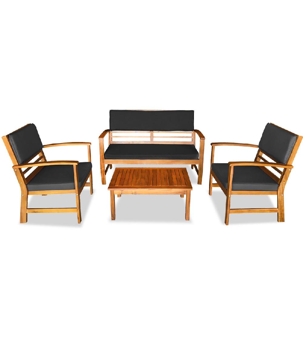 wadiga Salon de jardin acacia et coussins gris 1 canapé 2 fauteuils et 1 table