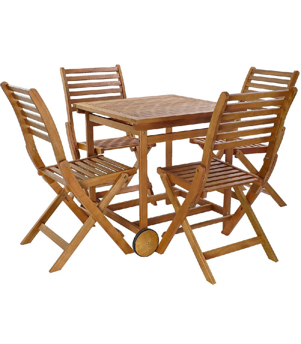wadiga Salon de jardin pliable 1 table + 4 chaises en eucalyptus verni 70x70x72cm