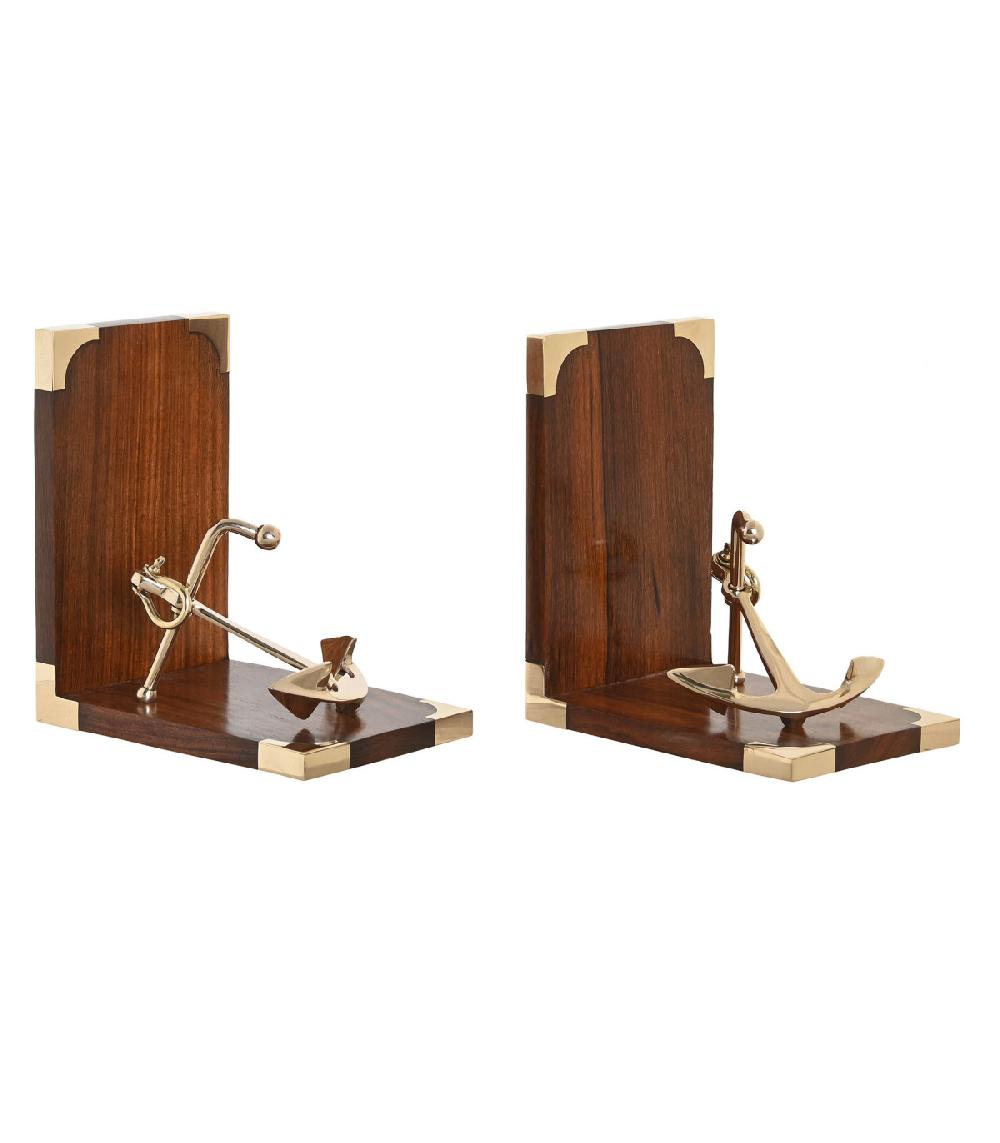 Wadiga Serre-livres En Bois Et Laiton Ancres 30x10x16cm