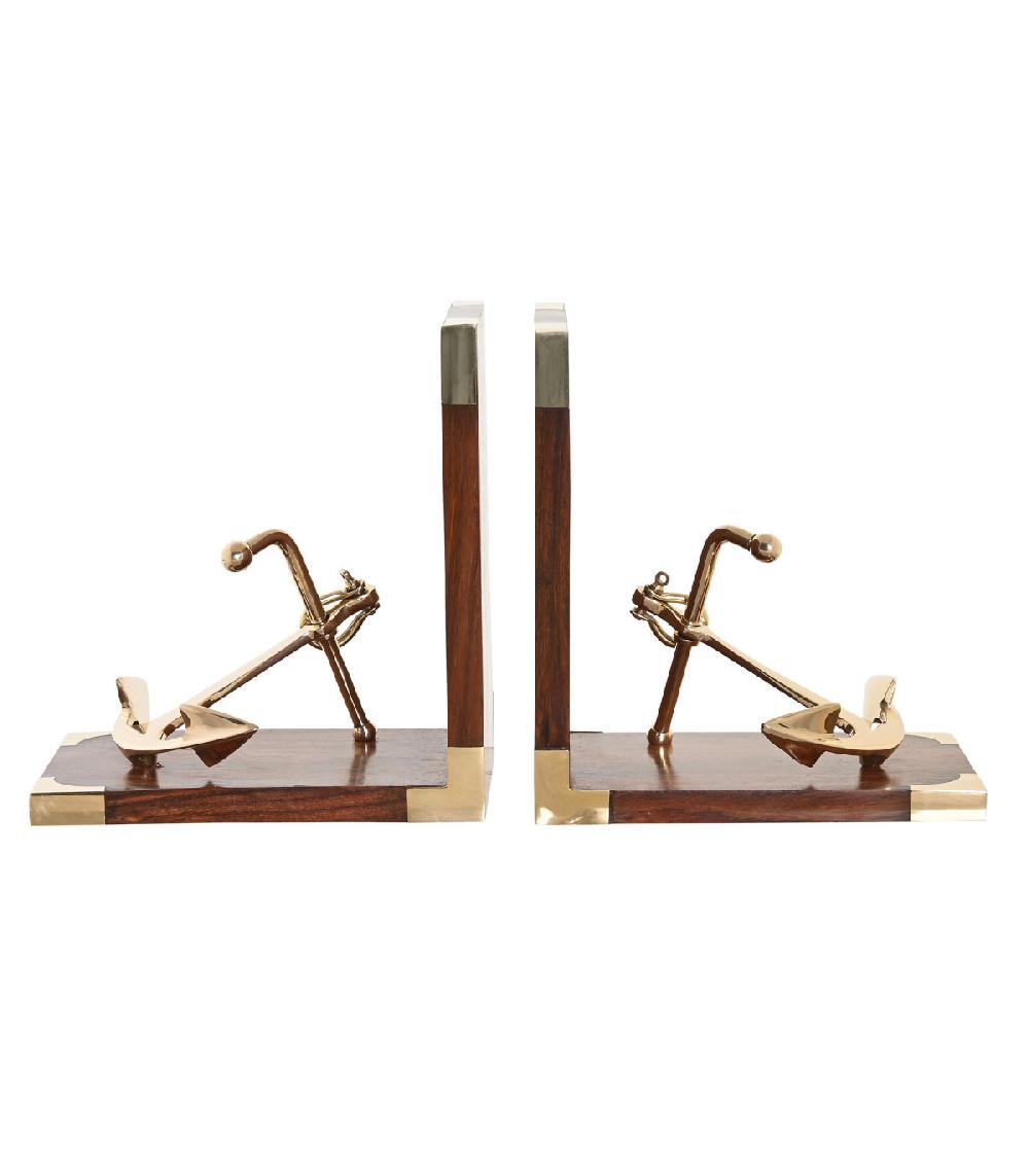wadiga Serre-livres en bois et laiton ancres 30x10x16cm