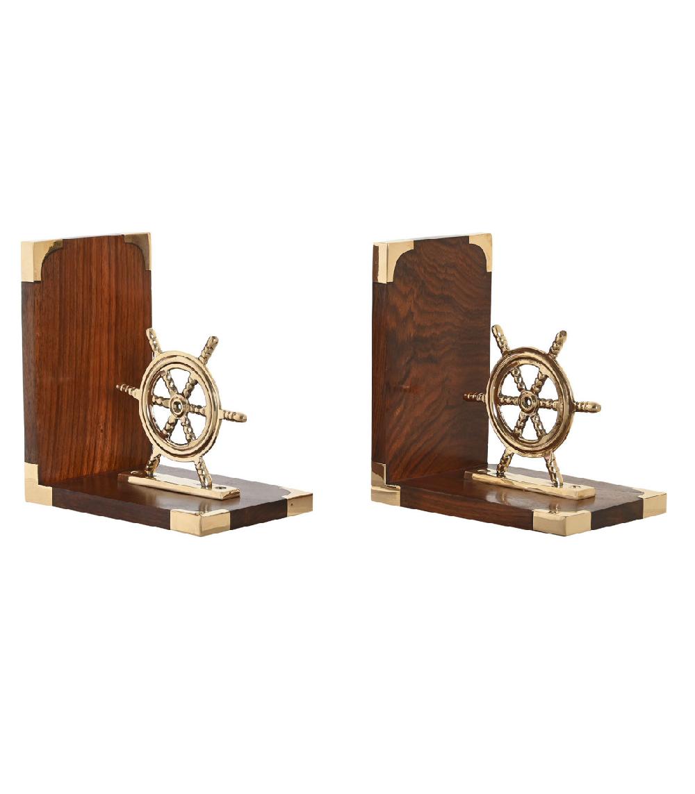 Wadiga Serre-livres En Bois Et Laiton Gouvernails 30x10x16cm