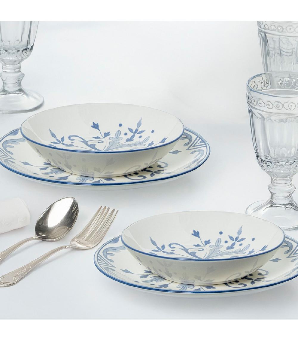 Wadiga Service De 18 Assiettes En Porcelaine Florale Bleue: Plates Creuses Et à Dessert