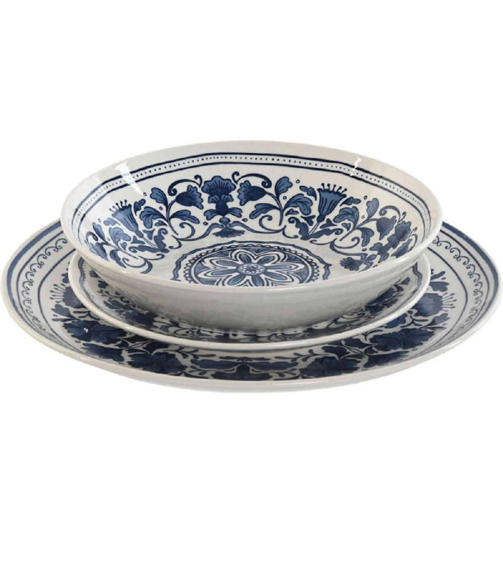 wadiga Service de 18 assiettes en porcelaine florale bleue: plates creuses et à dessert