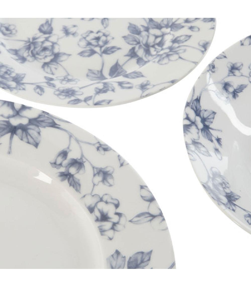 Wadiga Service De 18 Assiettes En Porcelaine Florale Bleue: Plates Creuses Et à Dessert