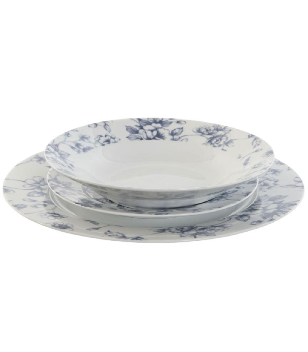 wadiga Service de 18 assiettes en porcelaine florale bleue: plates creuses et à dessert