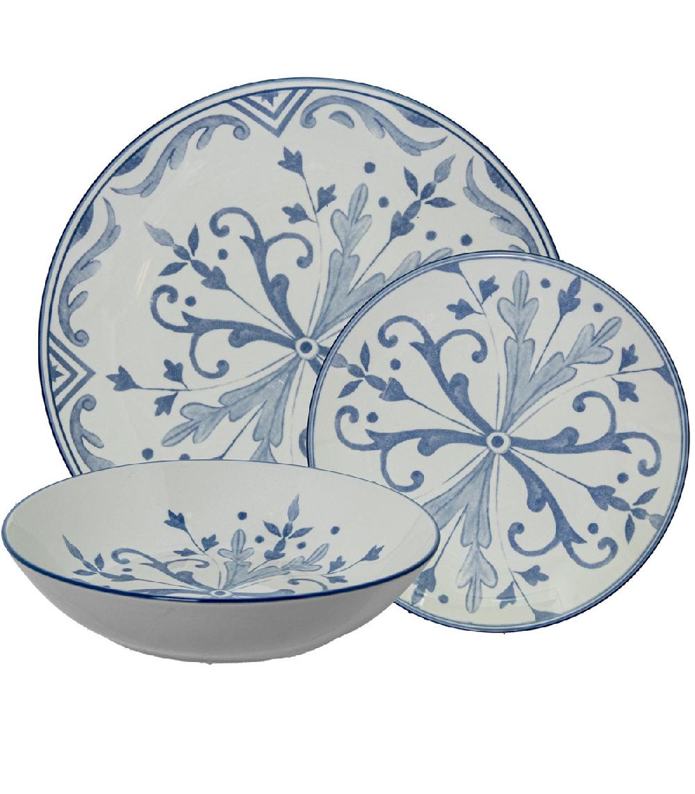 wadiga Service de 18 assiettes en porcelaine florale bleue: plates creuses et à dessert