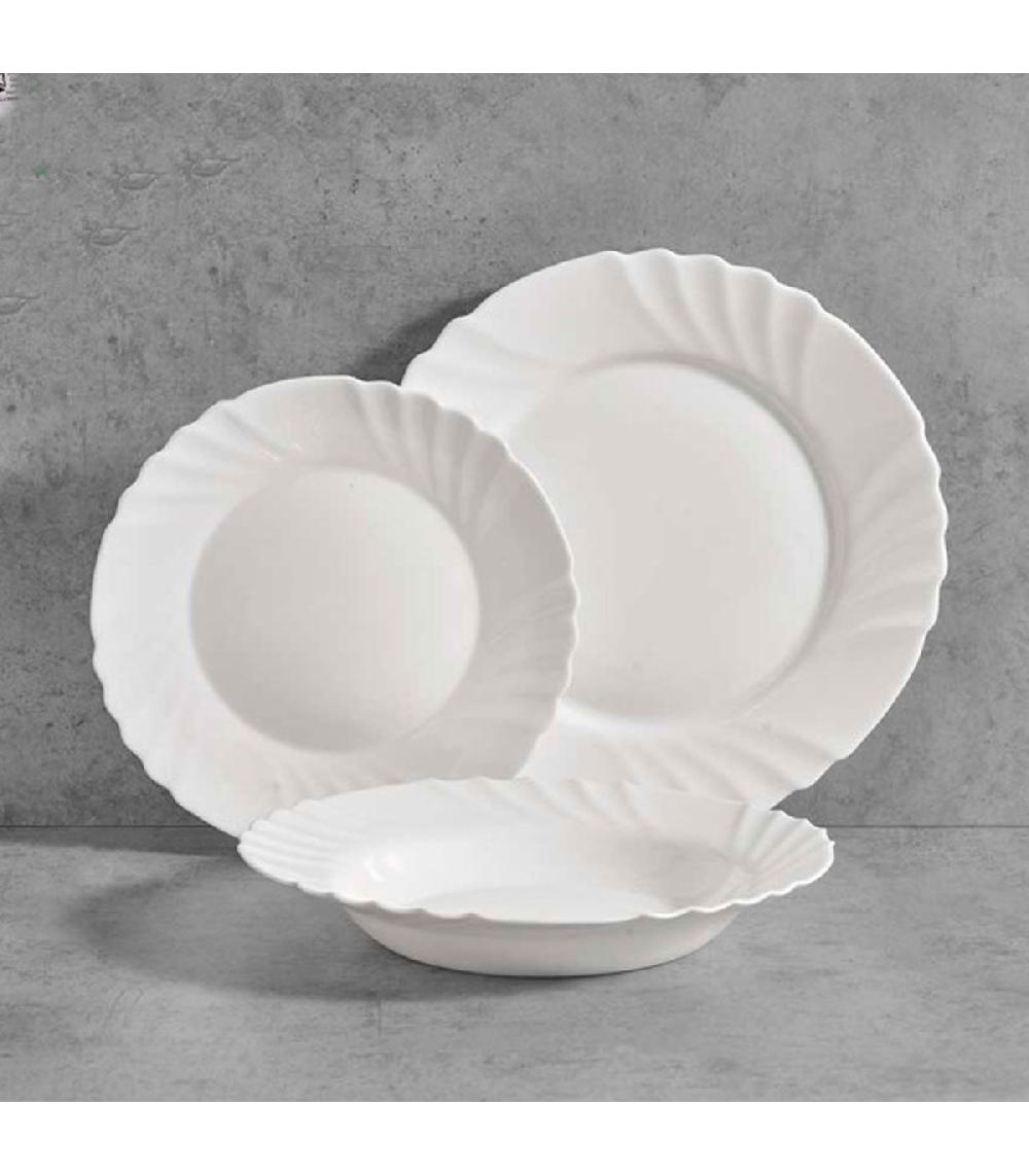 Wadiga Service De 18 Assiettes En Verre Opale Blanc Avec Relief: Plates Creuses Et à Dessert