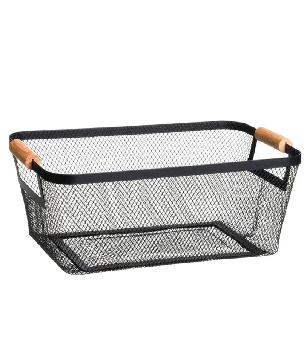 Wadiga Set 2 Paniers De Rangement Multiusage Métal Noir Et Bois 33x21x14cm